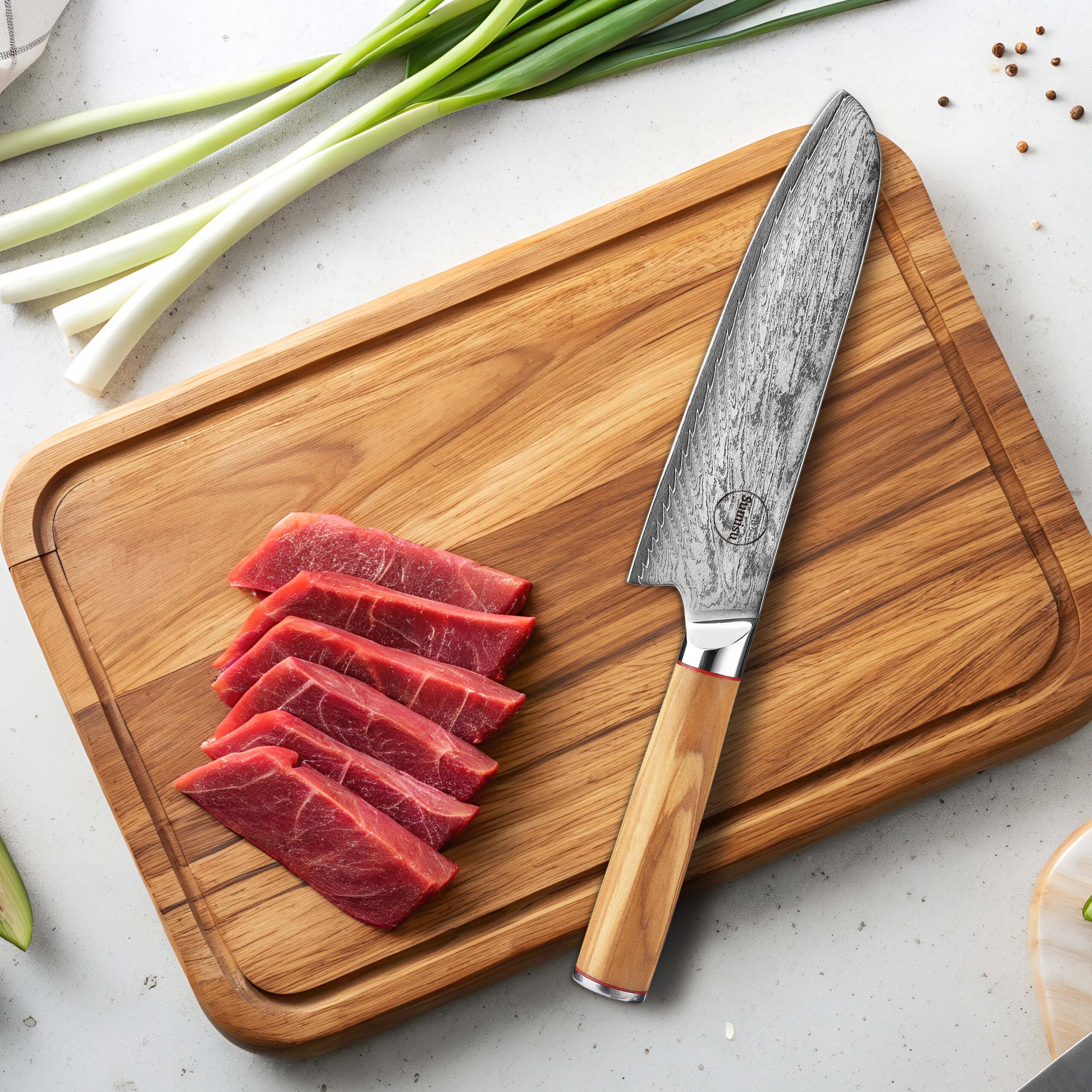 Sumisu Knives Santoku Wood auf Schneidebrett